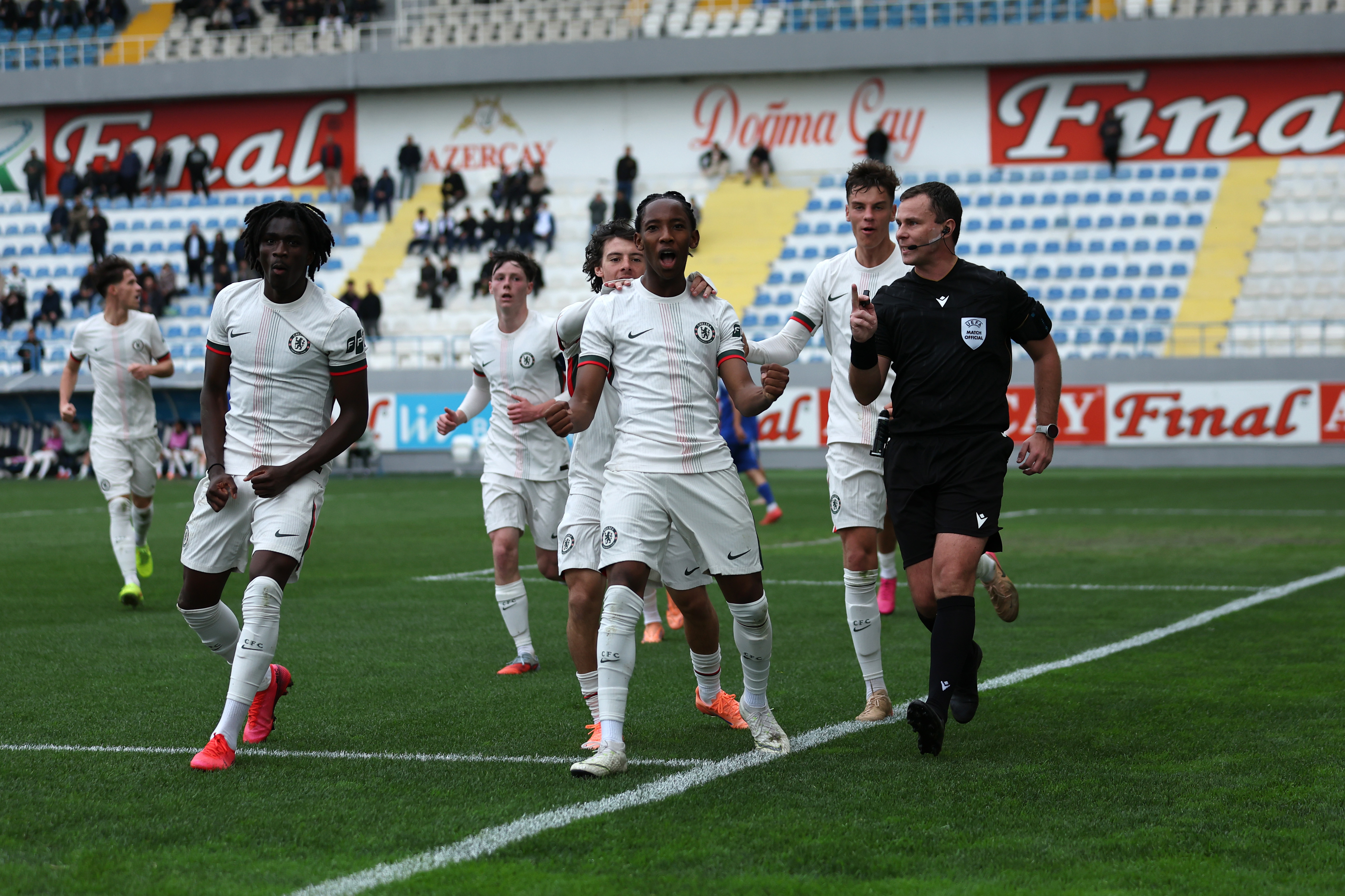 BAKU, AZERBAIJAN - NOVEMBER 05: Sol Gordon of Chelsea celebrates scoring their first goal during the UEFA Youth League 2025/26 match between Qarabag FK and Chelsea FC at on November 05, 2025 in Baku, Azerbaijan. (Photo by Chris Lee - Chelsea FC/Chelsea FC via Getty Images)