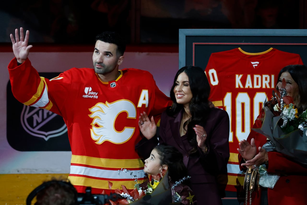 Calgary Flames' Nazem Kadri is honoured with a silver stick.