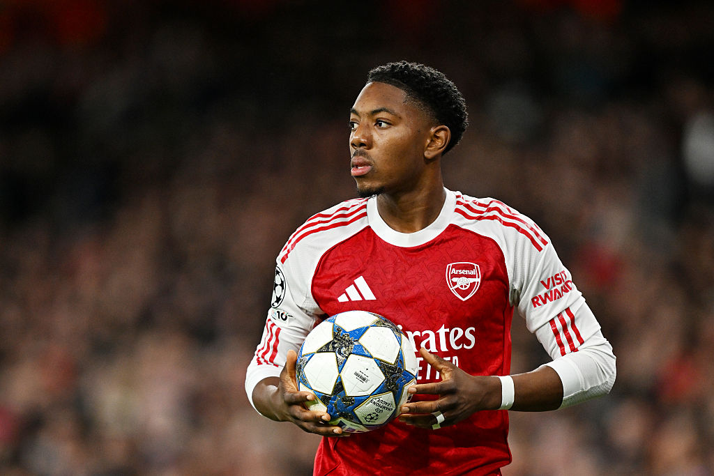 Myles Lewis-Skelly of Arsenal looks on during the UEFA Champions League 2025/26 League Phase MD3 match between Arsenal FC and Atletico de Madrid at Arsenal Stadium on October 21, 2025 in London, England.