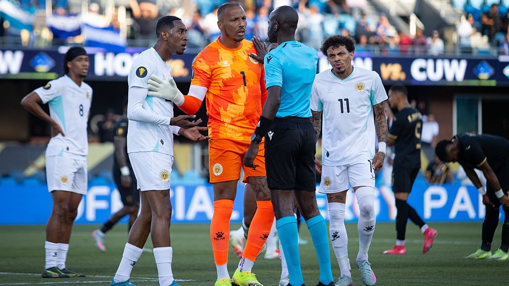 Eloy Room #1, Joshua Brenet #20, and Jeremy Antonisse #11 of Cura&ccedil;ao react to a call by Referee Oshane Nation of Jamaica during a 2025 CONCACAF Gold Cup Group B match between Honduras and Cura&ccedil;ao at PayPal Park on June 24, 2025 in San Jose, California.