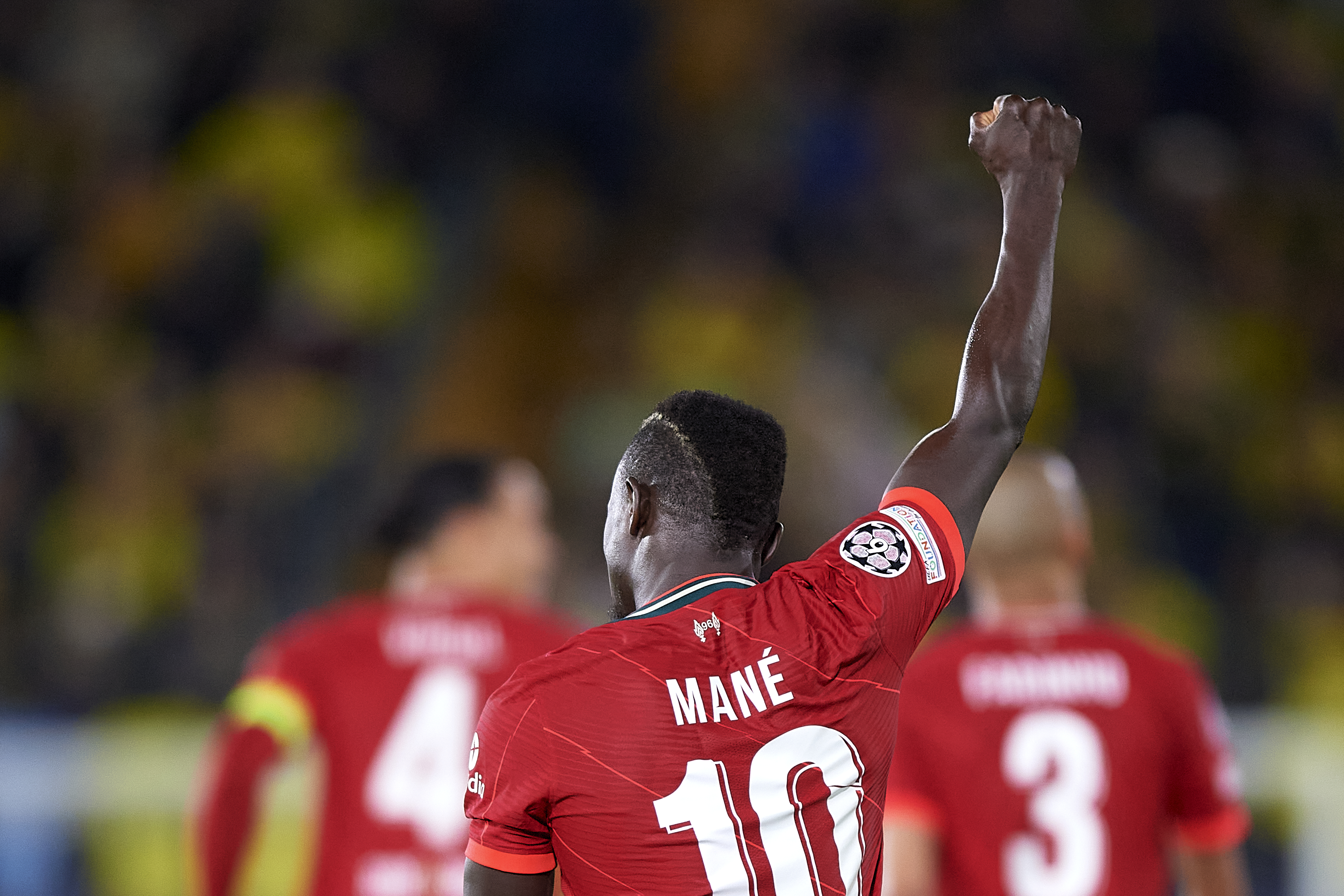 Sadio Mane celebrates after scoring for Liverpool against Villarreal in the Champions League semi-finals in May 2022.