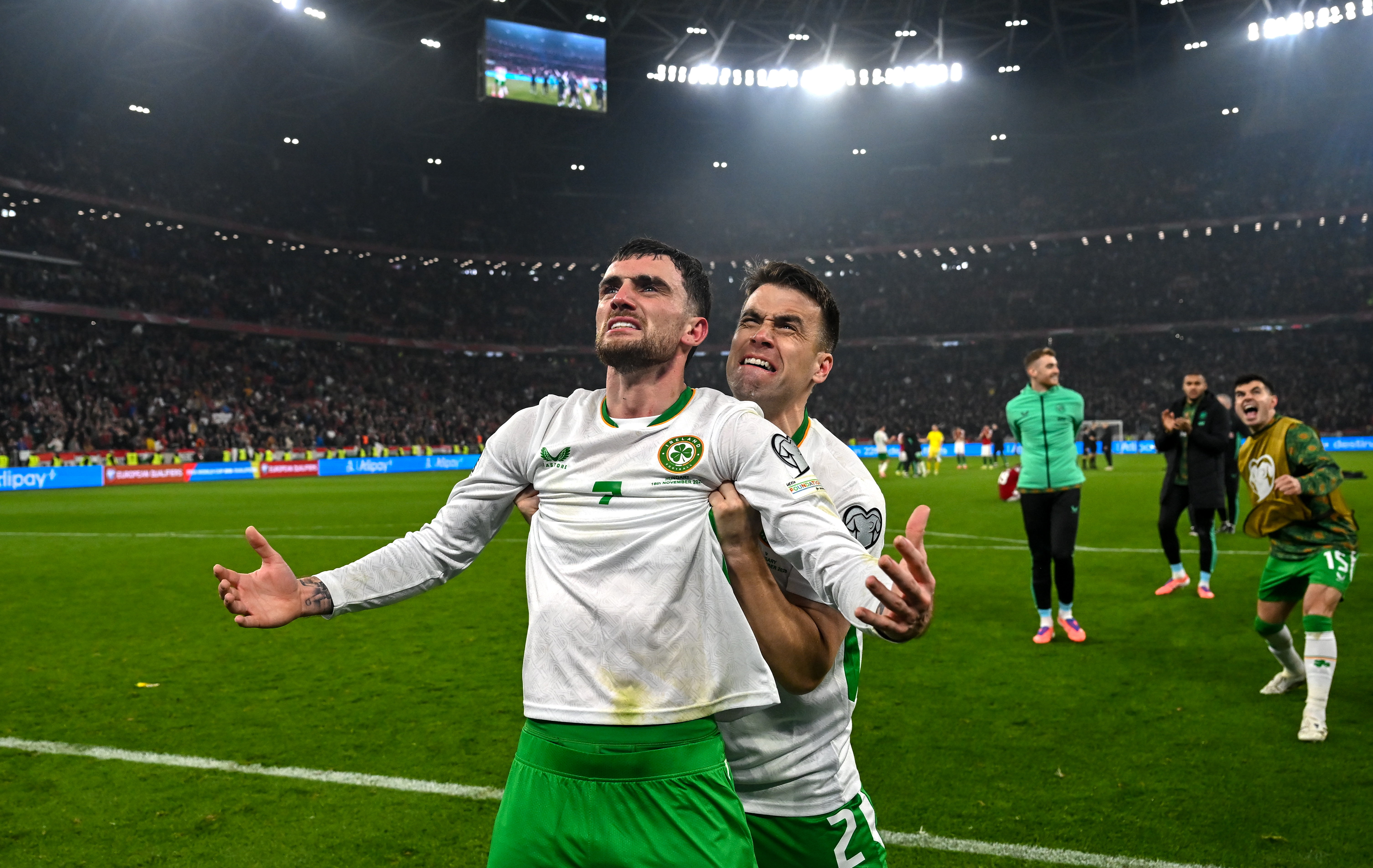 Hungary , Hungary - 16 November 2025; Troy Parrott, left, and Seamus Coleman of Republic of Ireland celebrate after the FIFA World Cup 2026 Group F Qualifier match between Hungary and Republic of Ireland at Pusk&aacute;s Ar&eacute;na in Budapest, Hungary. (Photo By Stephen McCarthy/Sportsfile via Getty Images)