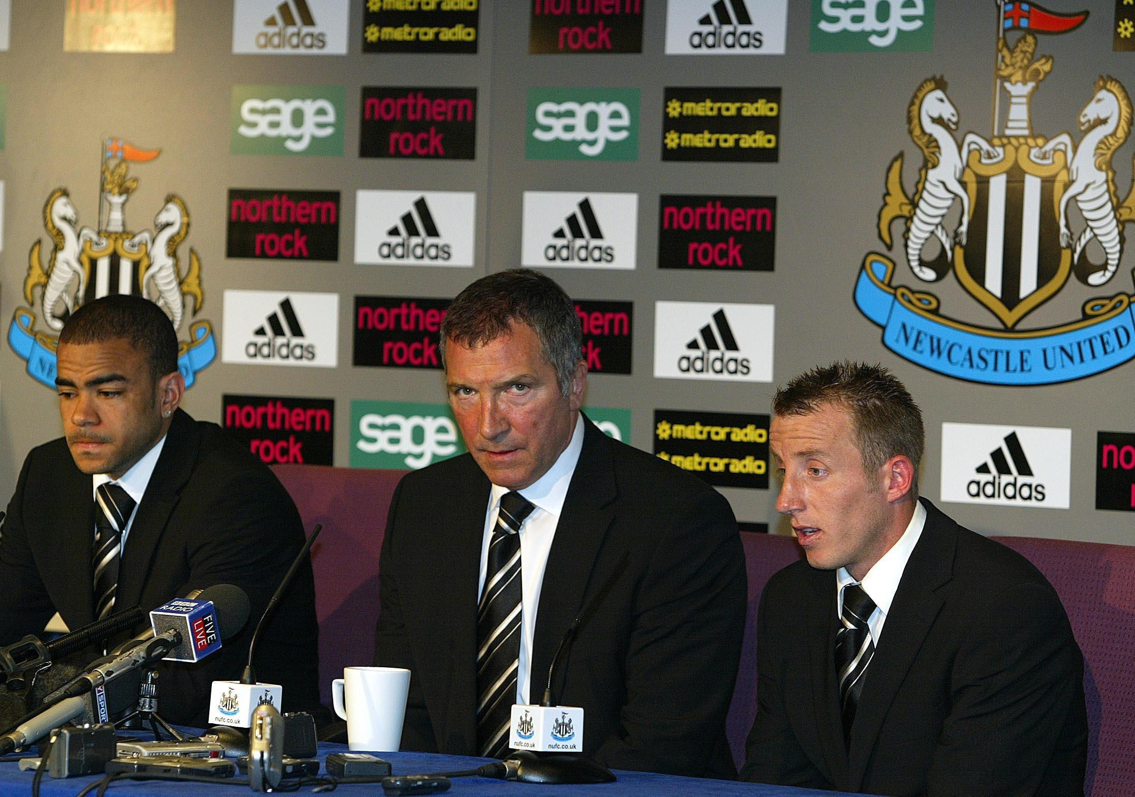 Newcastle United manager Graeme Souness in a press conference with players Lee Bowyer and Kieron Dyer, after the pair were sent off for fighting with each other during the Premier League match against Aston Villa at St. James' Park, April 2005