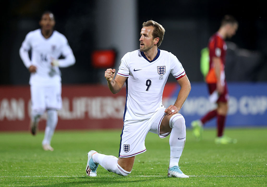 Harry Kane of England celebrates scoring during the FIFA World Cup 2026 qualifier match.