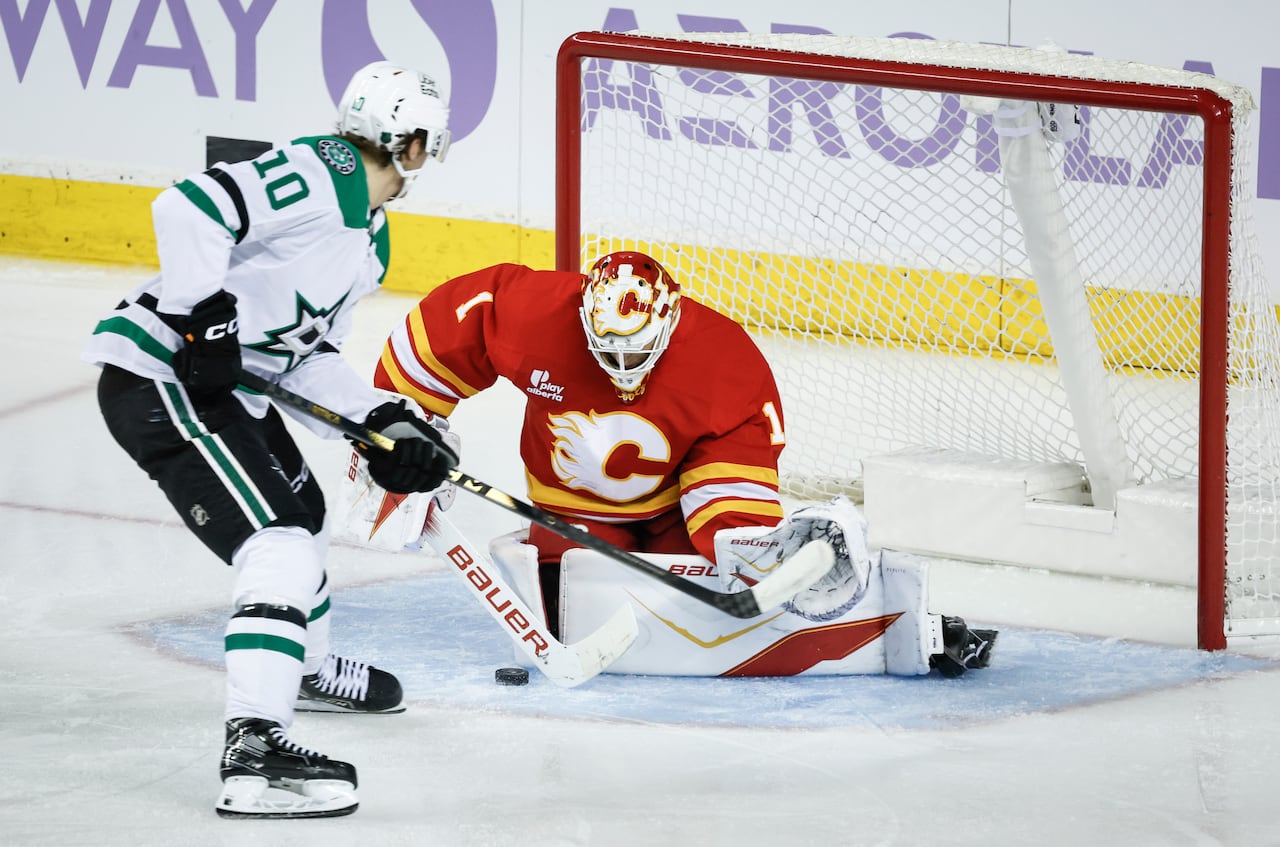 The Calgary Flames goalie stops a shot on net