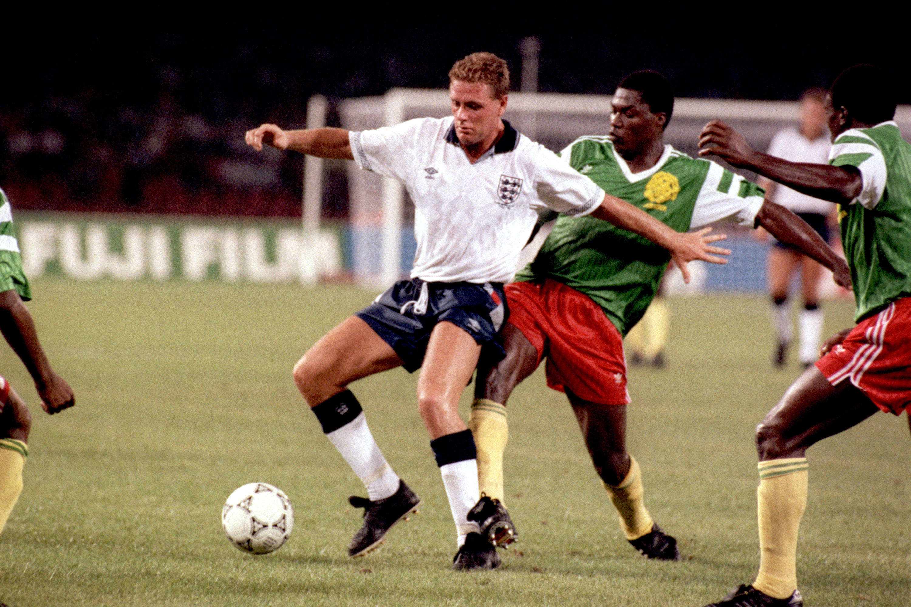 Paul Gascoigne playing for England against Cameroon in the quarter-finals of the 1990 World Cup