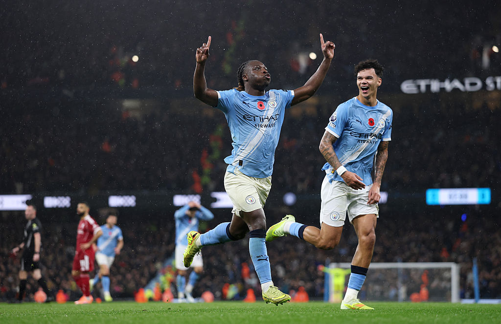 MANCHESTER, ENGLAND - NOVEMBER 09: Jeremy Doku of Manchester City celebrates scoring his team's third goal during the Premier League match between Manchester City and Liverpool at Etihad Stadium on November 09, 2025 in Manchester, England. (Photo by Michael Regan/Getty Images)
