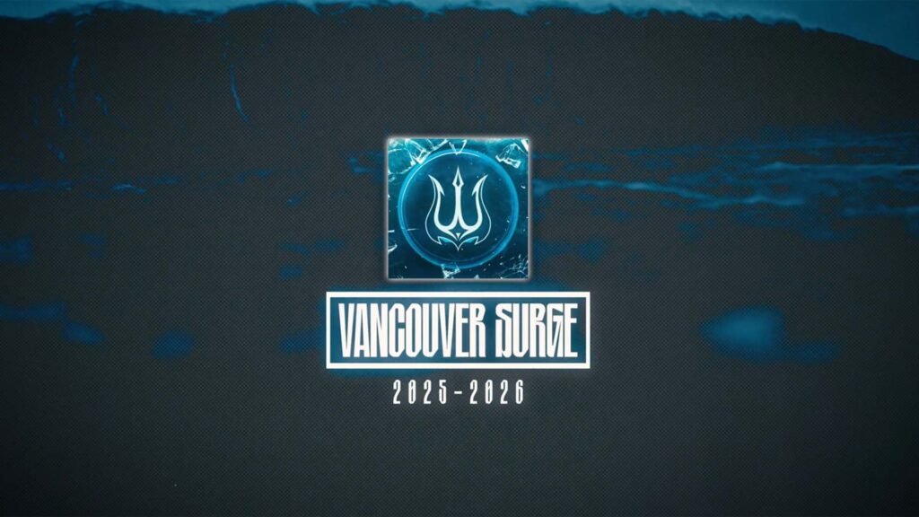 Image of Vancouver Surge logo underneath a box of white text on a dark background