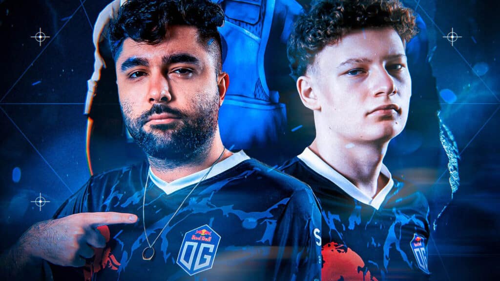 Image of Counter-Strike players Nicodoz and Chr1nz posing wearing OG Esports jerseys on a blue background