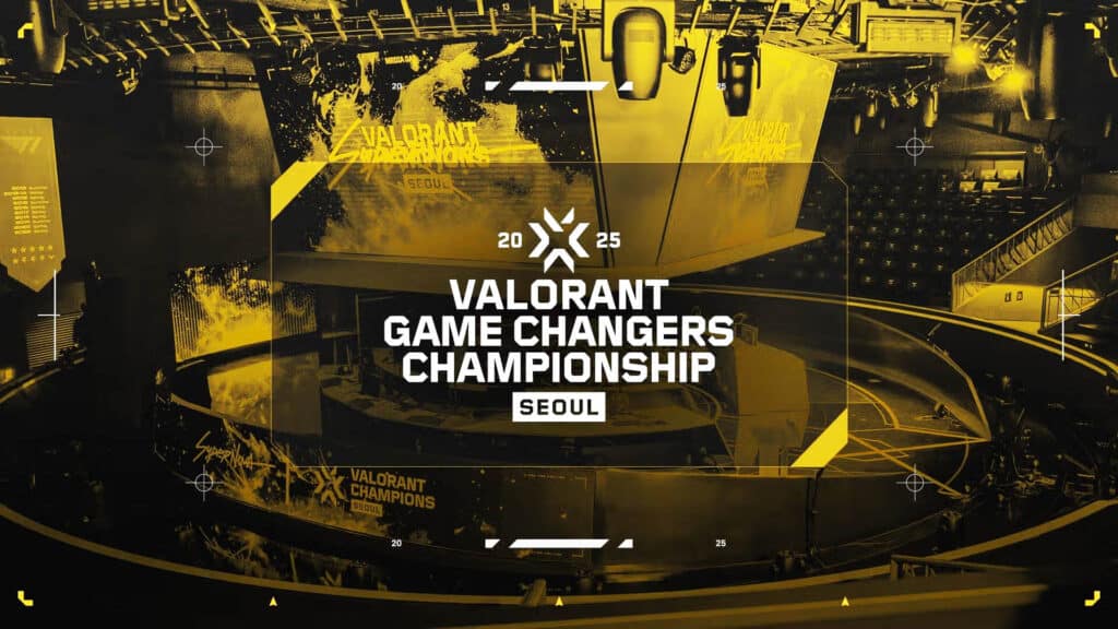 Image of VALORANT Game Changers Championship logo on a gold background of a VALORANT esports stage