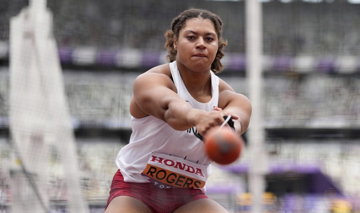 A women's hammer thrower competes.