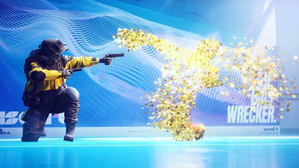 Image of The Finals player holding pistols while standing next to a silhouette of gold coins