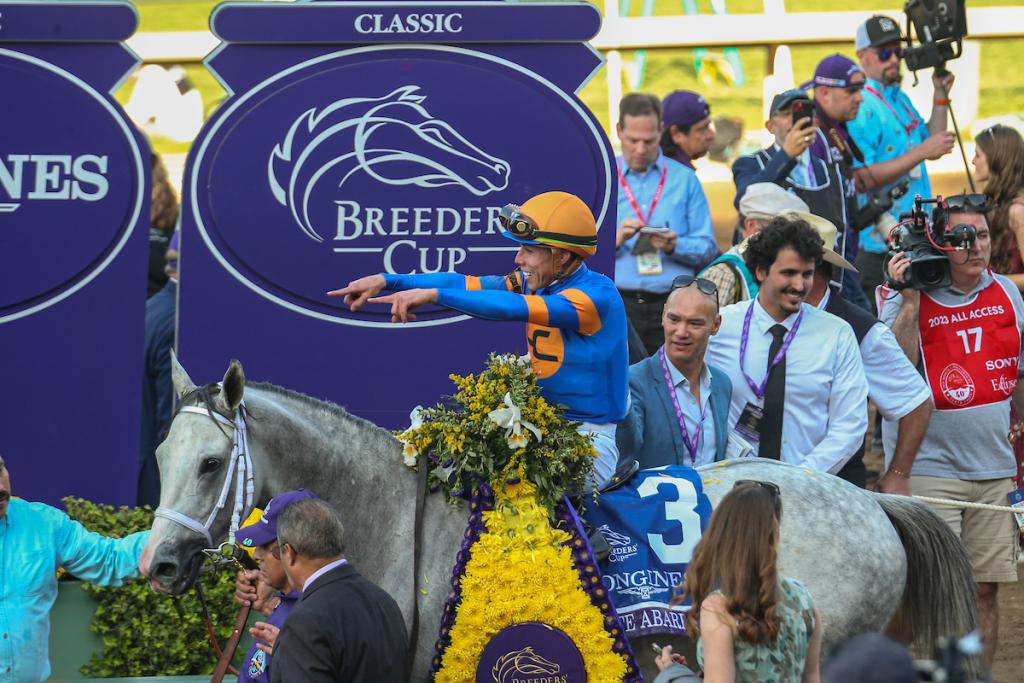 White Abarrio, the 2025 Pegasus World Cup champion and victor of the 2023 Breeders' Cup Classic. (Image by Eclipse Sportswire)
