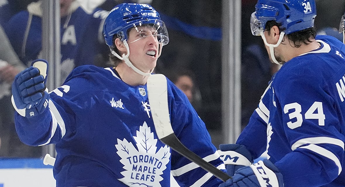 Maple Leafs forward Mitch Marner with fellow player Auston Matthews commemorating a score versus the Ottawa Senators in an April 20, 2025 Stanley Cup playoff match versus the visiting Ottawa Senators.