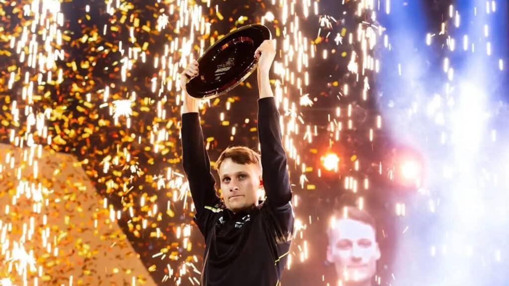 Image of StarCraft II player Serral celebrating victory at Esports World Cup 2025