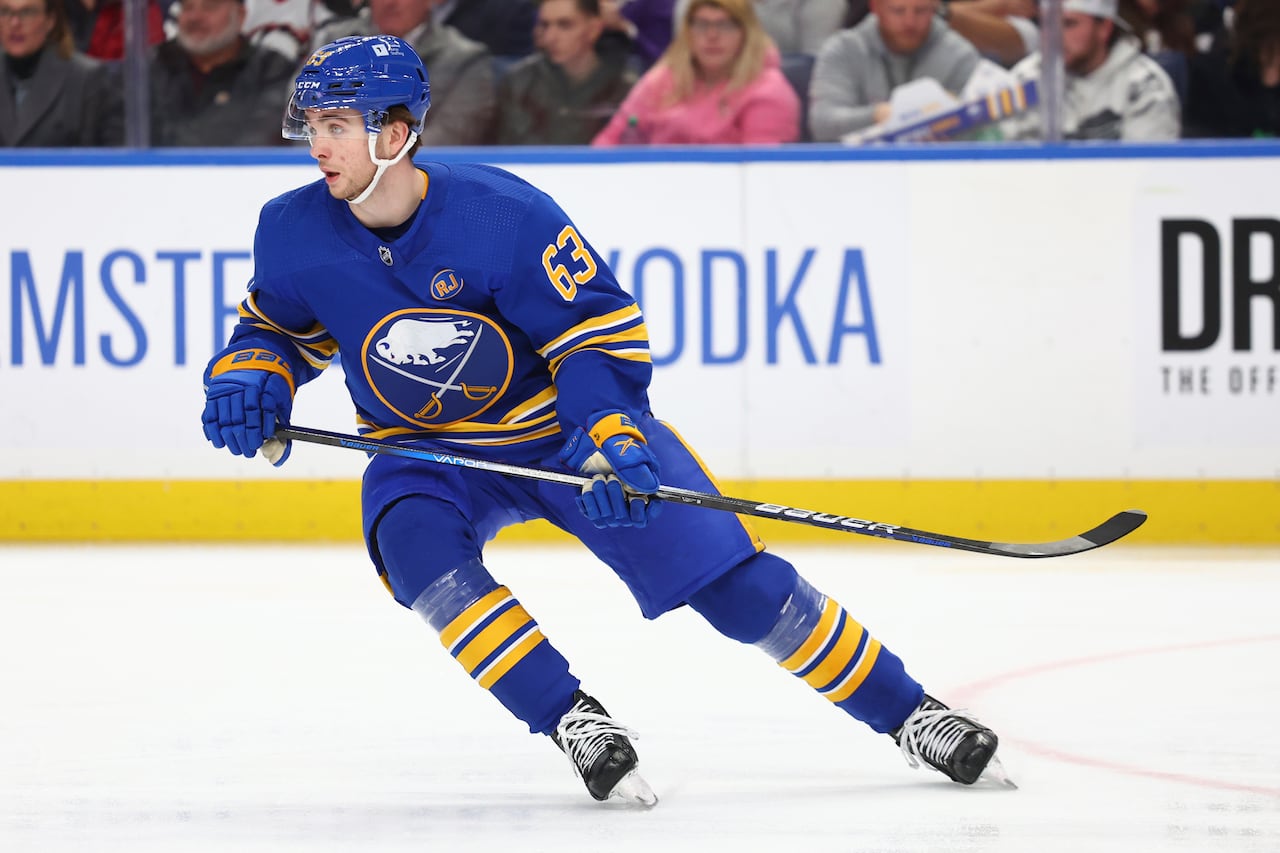 A hockey player in blue and yellow skates