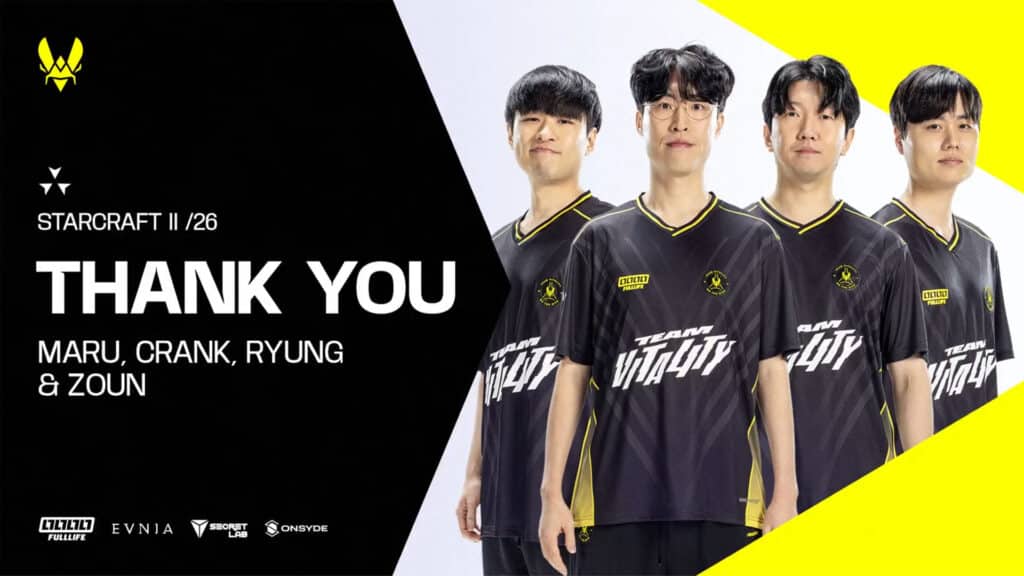 Image of Team Vitality StarCraft II players wearing black jerseys on a yellow, white, and black background