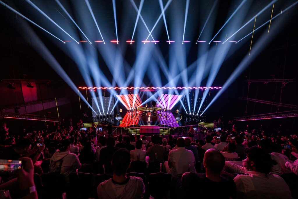 Image of Esports World Cup Street Fighter stage illuminated with white lighting