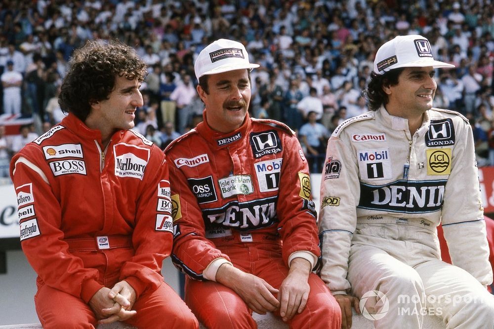 Alain Prost, McLaren, Nigel Mansell, Williams and Nelson Piquet, Williams