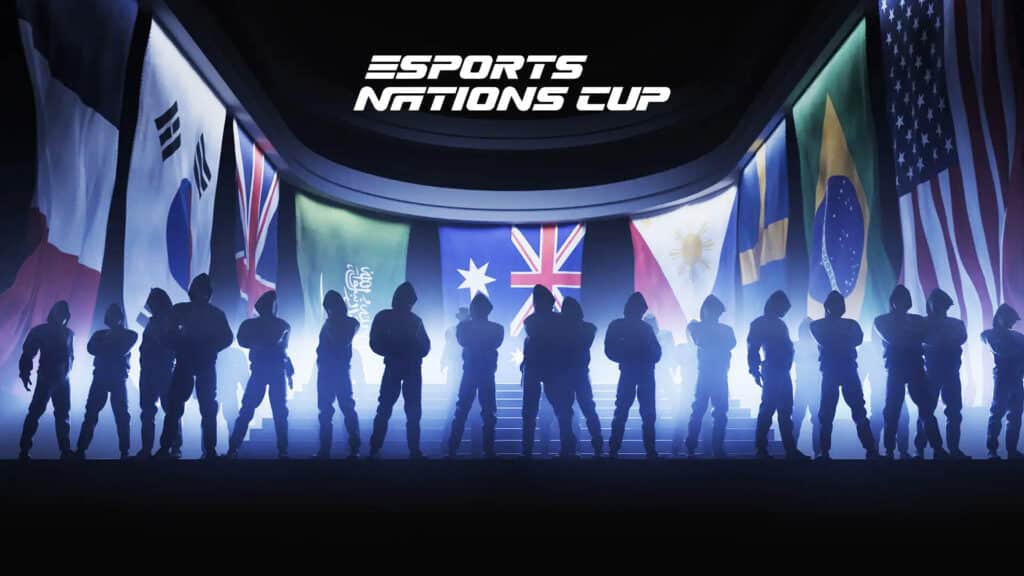 Image of Esports Nations Cup logo above a banner of national flags. A crowd of silhouettes are standing in front of the flags