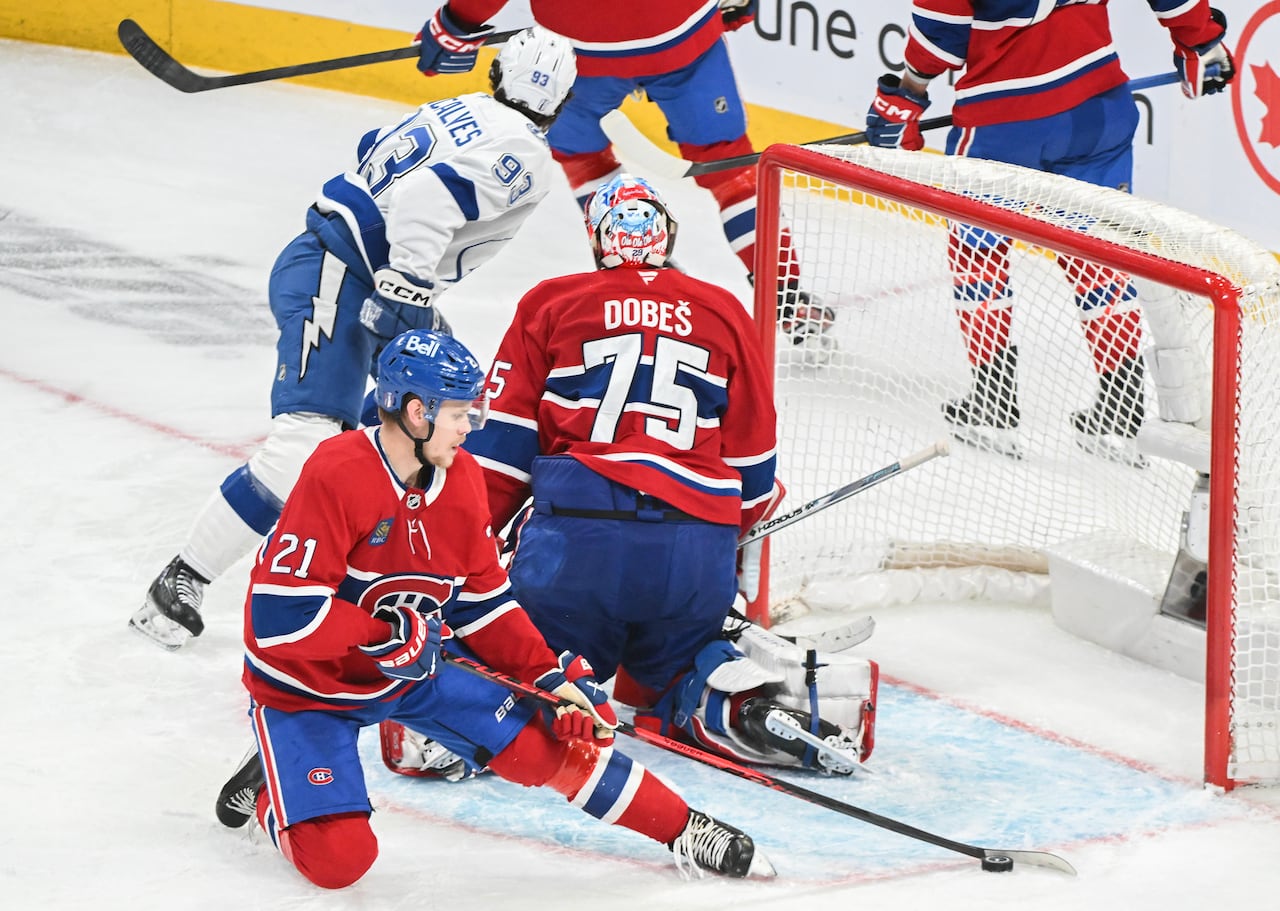 A goaltender on his knees.