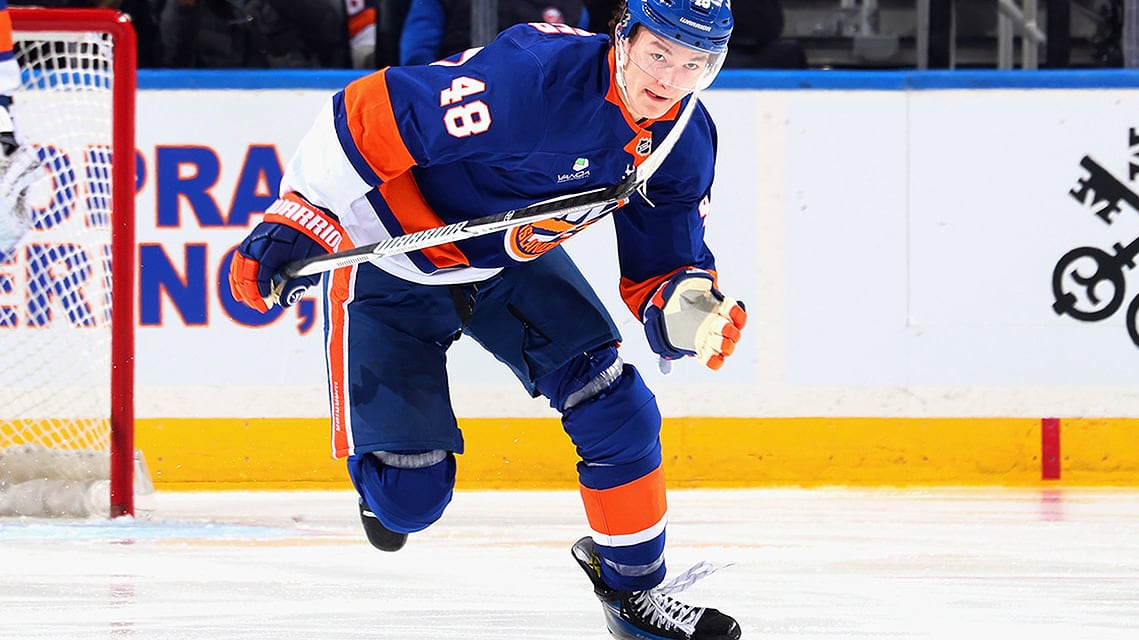 New York Islanders defenceman Matthew Schaefer skates against the visiting Pittsburgh Penguins at UBS Arena on March 30, 2026 in Elmont, New York.