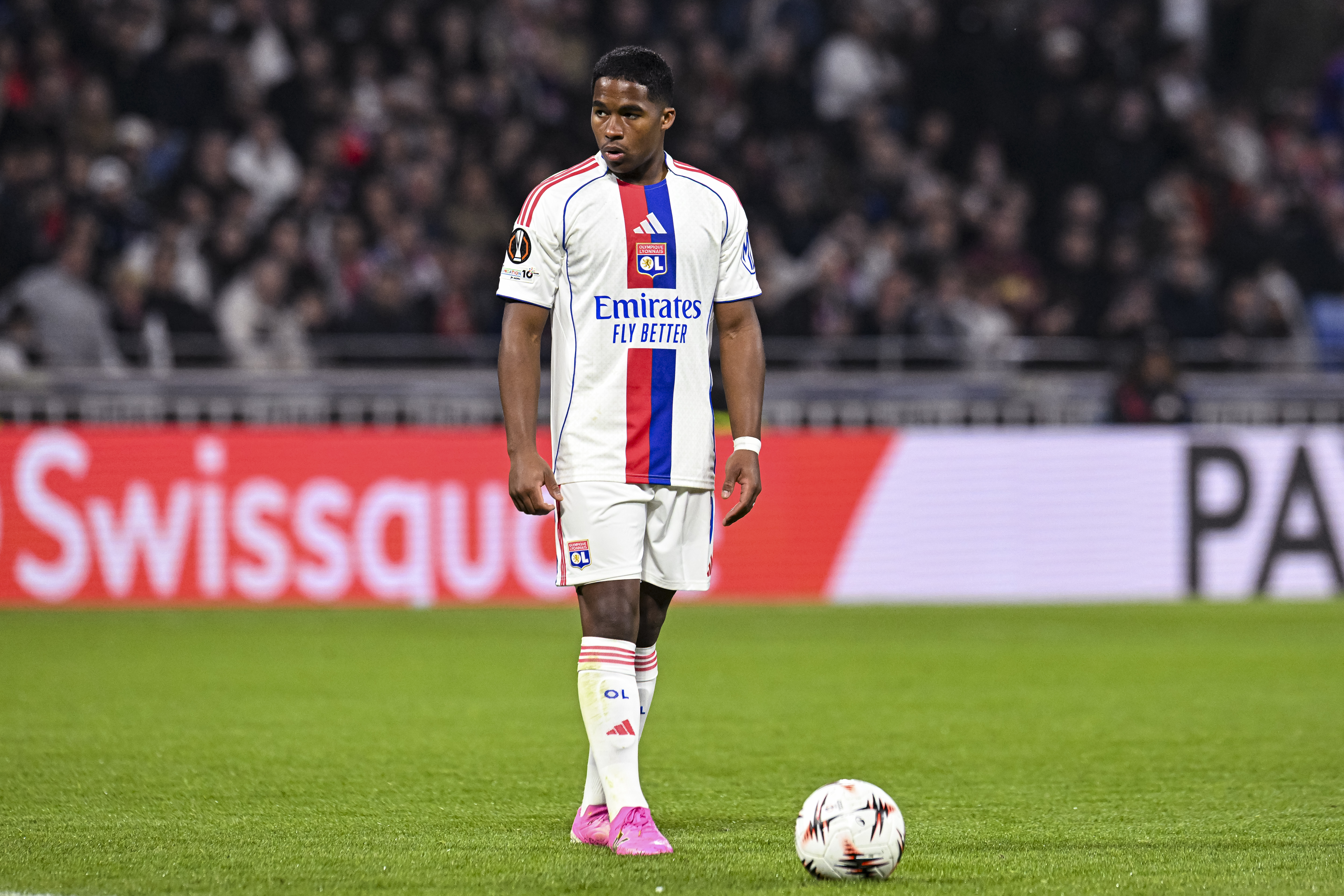 Olympique Lyonnais player Endrick prepares for a free kick in a UEFA Europa League 2025/26 Round of 16 clash with Real Club Celta at Parc Olympique Lyonnais