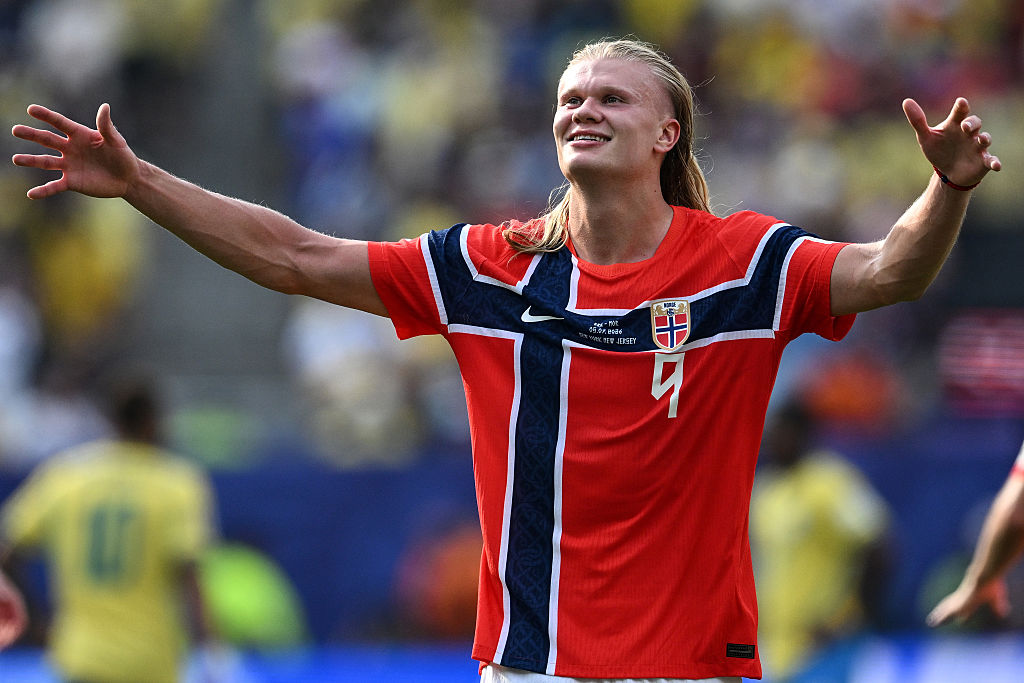 Erling Haaland accepts the adulation of the Norway fans after his brace against Brazil