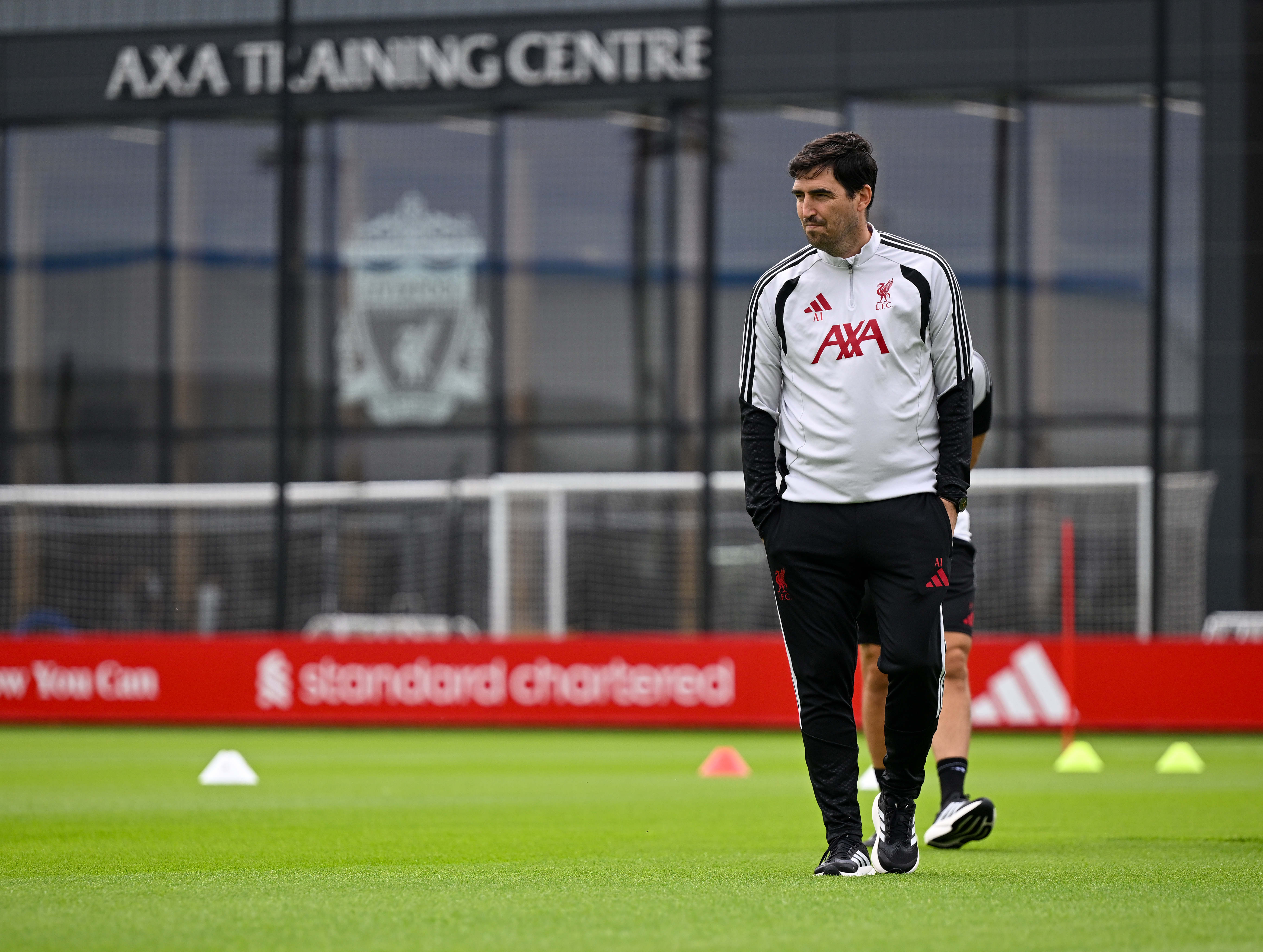 Andoni Iraola head coach of Liverpool during a training session at AXA Training Centre on July 07, 2026 in Kirkby, England.