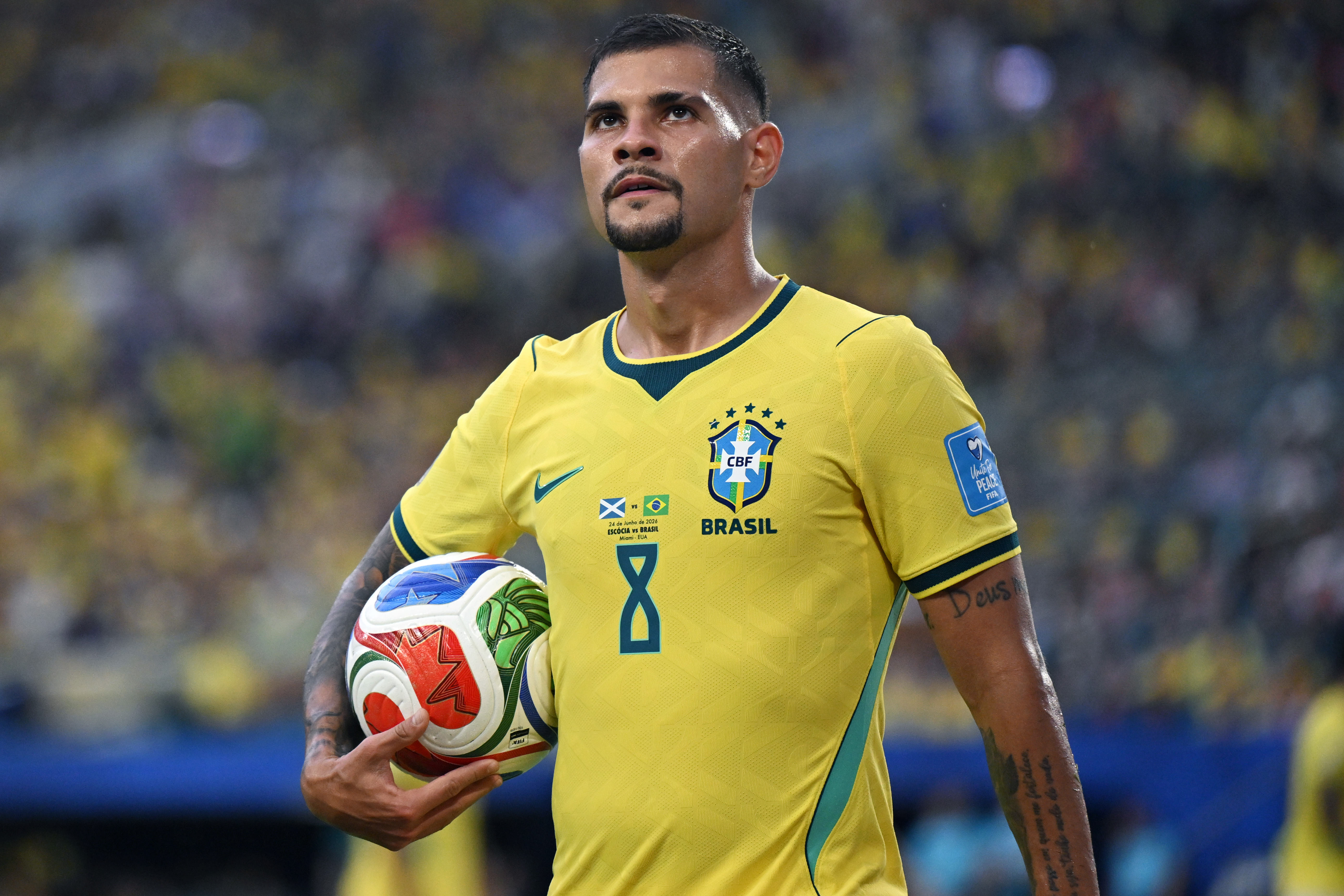 MIAMI GARDENS, FLORIDA - JUNE 24: Bruno Guimaraes represents Brazil during their 2026 FIFA World Cup Group C fixture against Scotland at Miami Stadium on June 24, 2026. (Photo by Image Photo Agency/Getty Images)