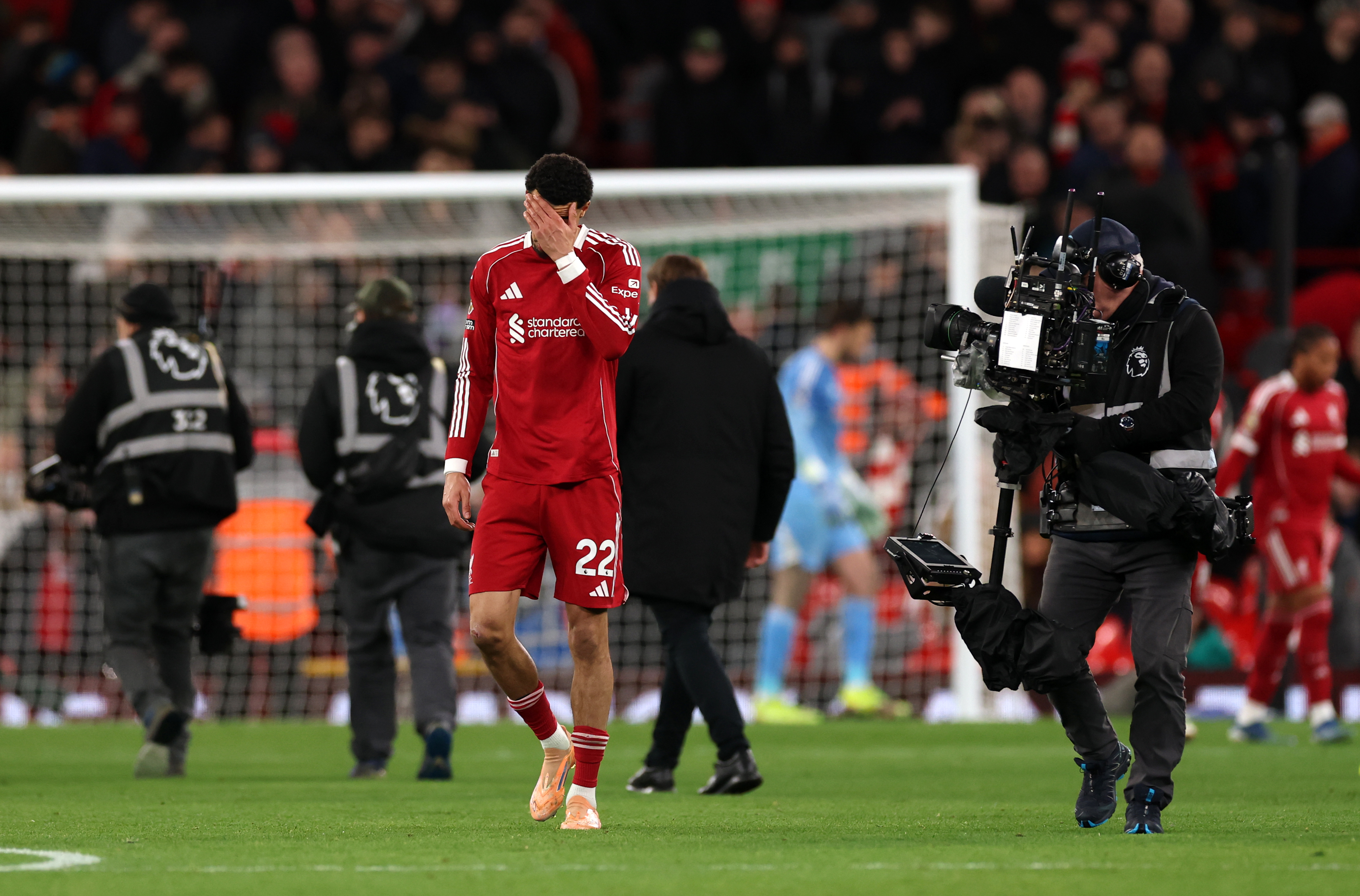 LIVERPOOL, ENGLAND - JANUARY 01: Hugo Ekitike of Liverpool appears dejected after the final whistle of the Premier League match between Liverpool and Leeds United at Anfield on January 01, 2026 in Liverpool, England. (Photo by Carl Recine/Getty Images)