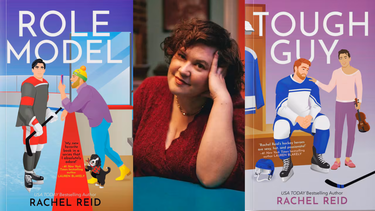 On the left, a stylized book jacket depicting two male figures. In the center, a woman wearing a red top. On the right, another illustrated book cover showcasing two men.