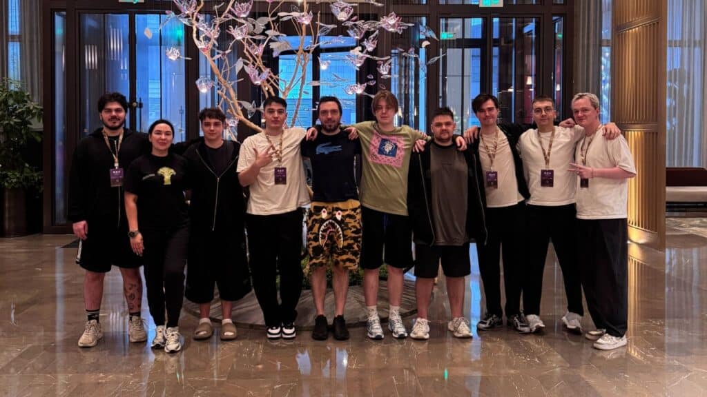 Image of Team Spirit Dota 2 team standing in the lobby of a hotel in Shanghai before The International 2026.
