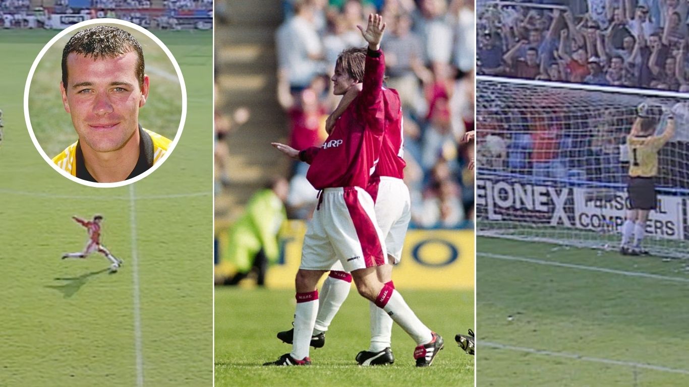 Three images of David Beckham's 1996 half-way line goal vs Wimbledon, with an inset profile picture Wimbledon goalkeeper Neil Sullivan
