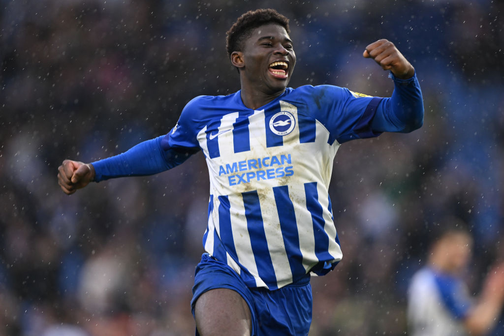 Carlos Baleba celebrates finding the net for Brighton against Nottingham Forest