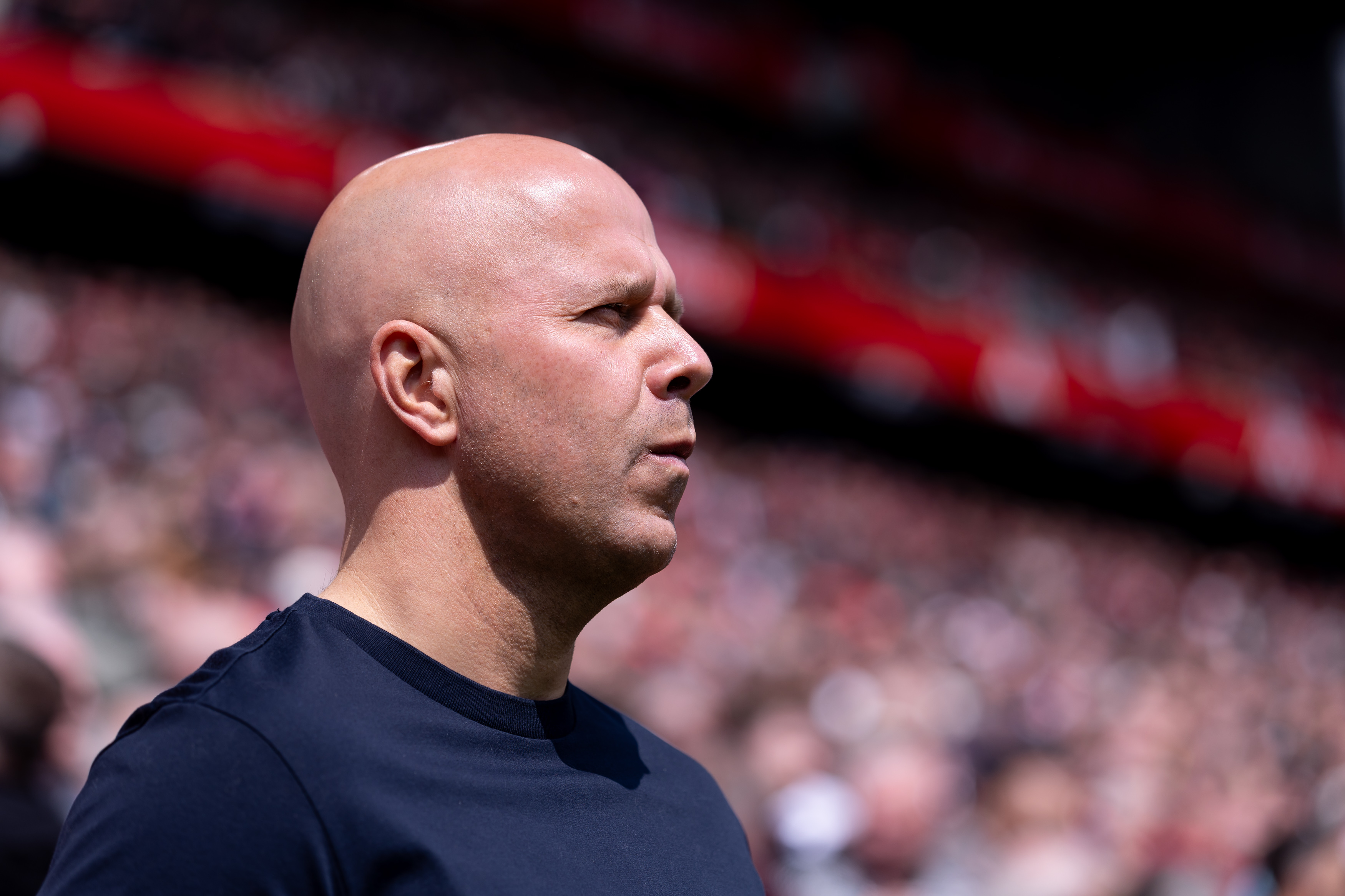 Arne Slot manager of Liverpool looks on during the Premier League match between Liverpool and Chelsea at Anfield on May 9, 2026 in Liverpool, England.