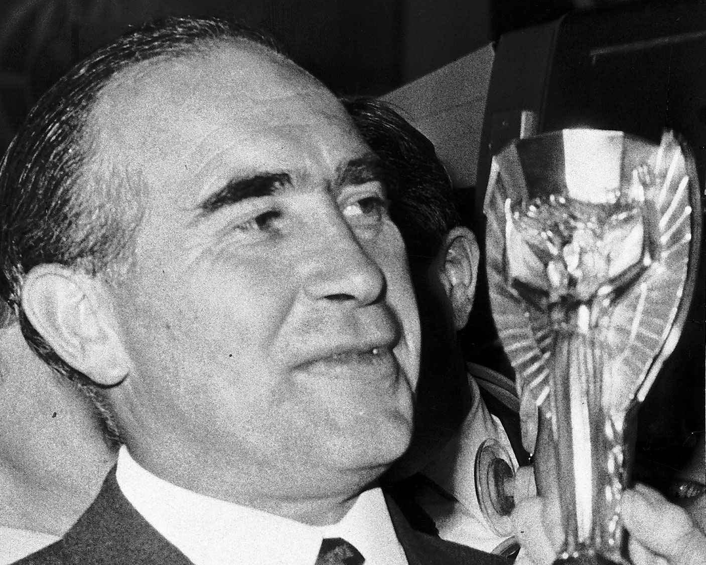 Sir Alf Ramsey holding the Jules Rimet trophy following England's historic 1966 victory