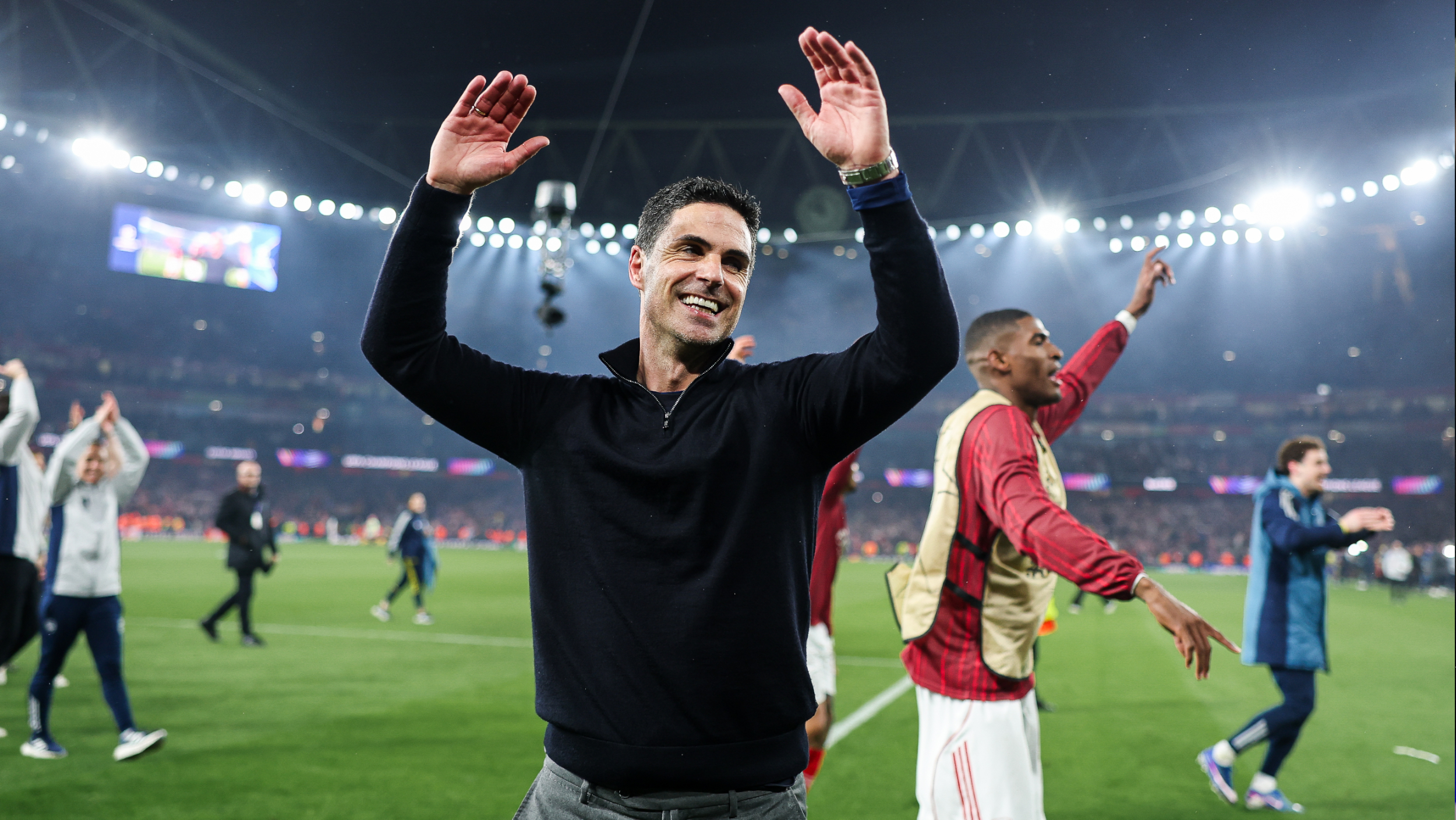 Mikel Arteta celebrates Arsenal's Champions League win over Atletico Madrid