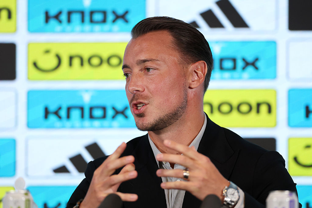 NEWCASTLE UPON TYNE, ENGLAND - AUGUST 11: Matthias Jaissle, Manager of Newcastle United, speaks to the media during a press conference as he is unveiled as the new Newcastle United manager at St James' Park on August 11, 2026 in Newcastle upon Tyne, England. (Photo by Stu Forster/Getty Images)