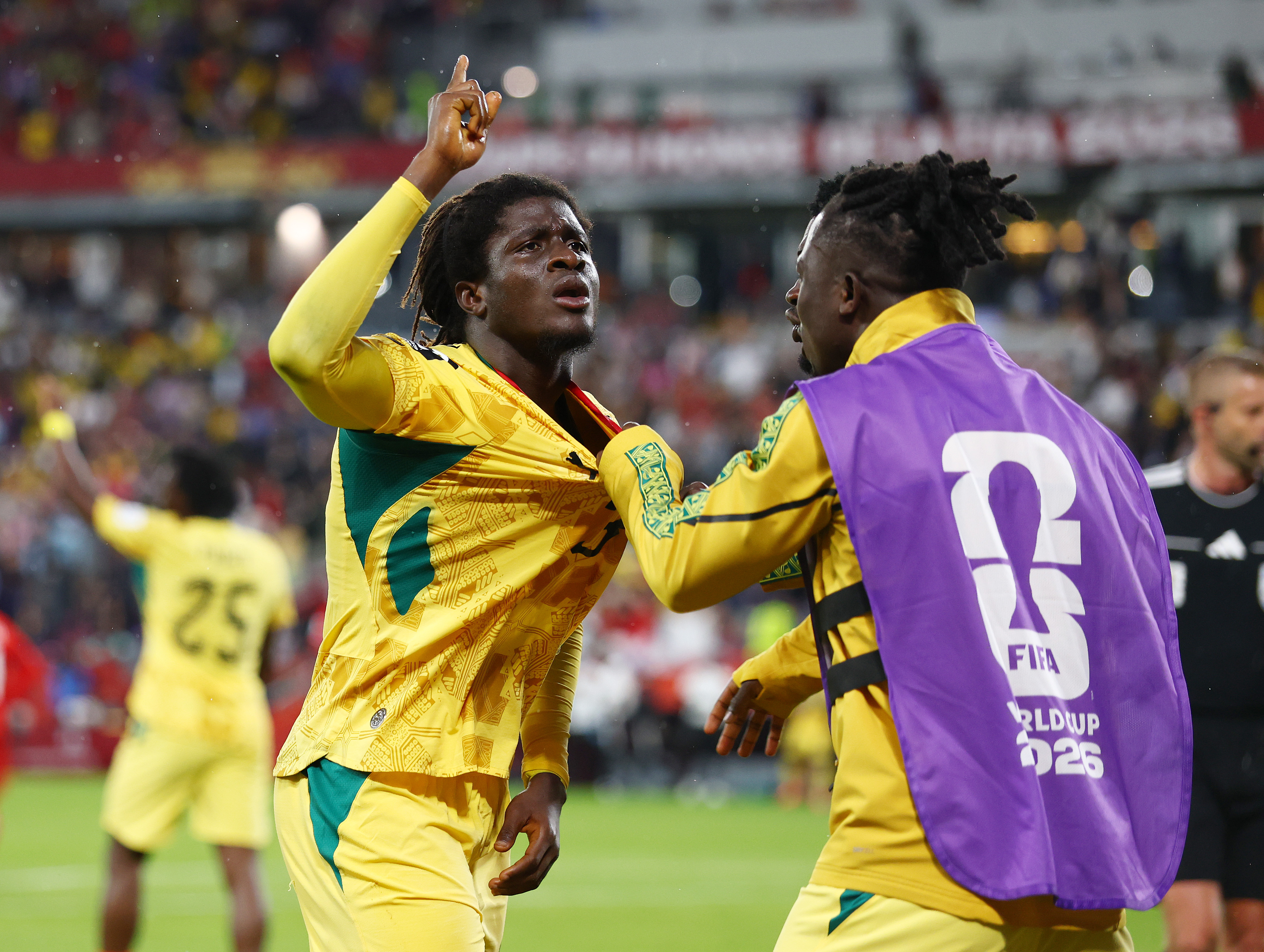 TORONTO, ONTARIO - JUNE 17: Caleb Yirenkyi #3 of Ghana celebrates with teammate Alidu Seidu #2 and Christopher Bonsu Baah #13 after scoring his team's first goal during the FIFA World Cup 2026 Group L match between Ghana and Panama at Toronto Stadium on June 17, 2026 in Toronto, Ontario. (Photo by Robert Cianflone/Getty Images)