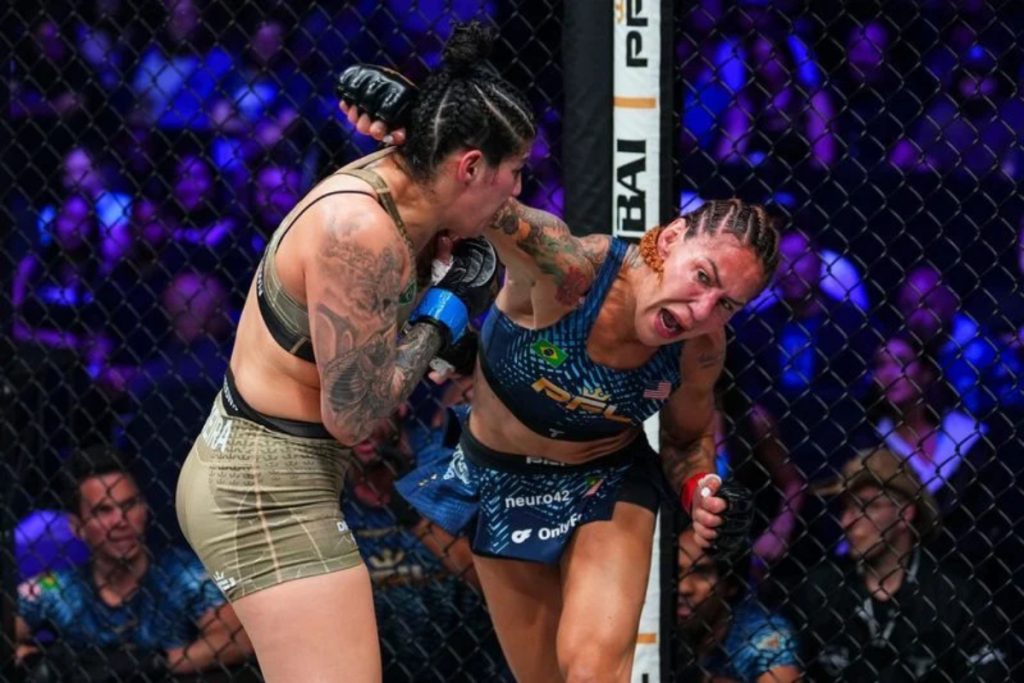 Cris Cyborg throws a punch at Ketlen Vieira during her PFL Tampa win