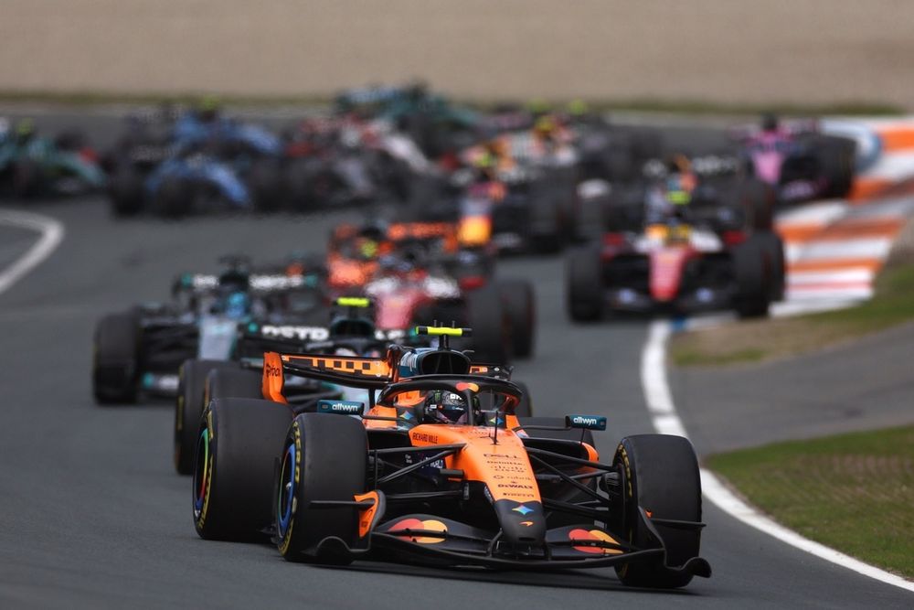 Andrea Kimi Antonelli of Mercedes alongside McLaren's Lando Norris