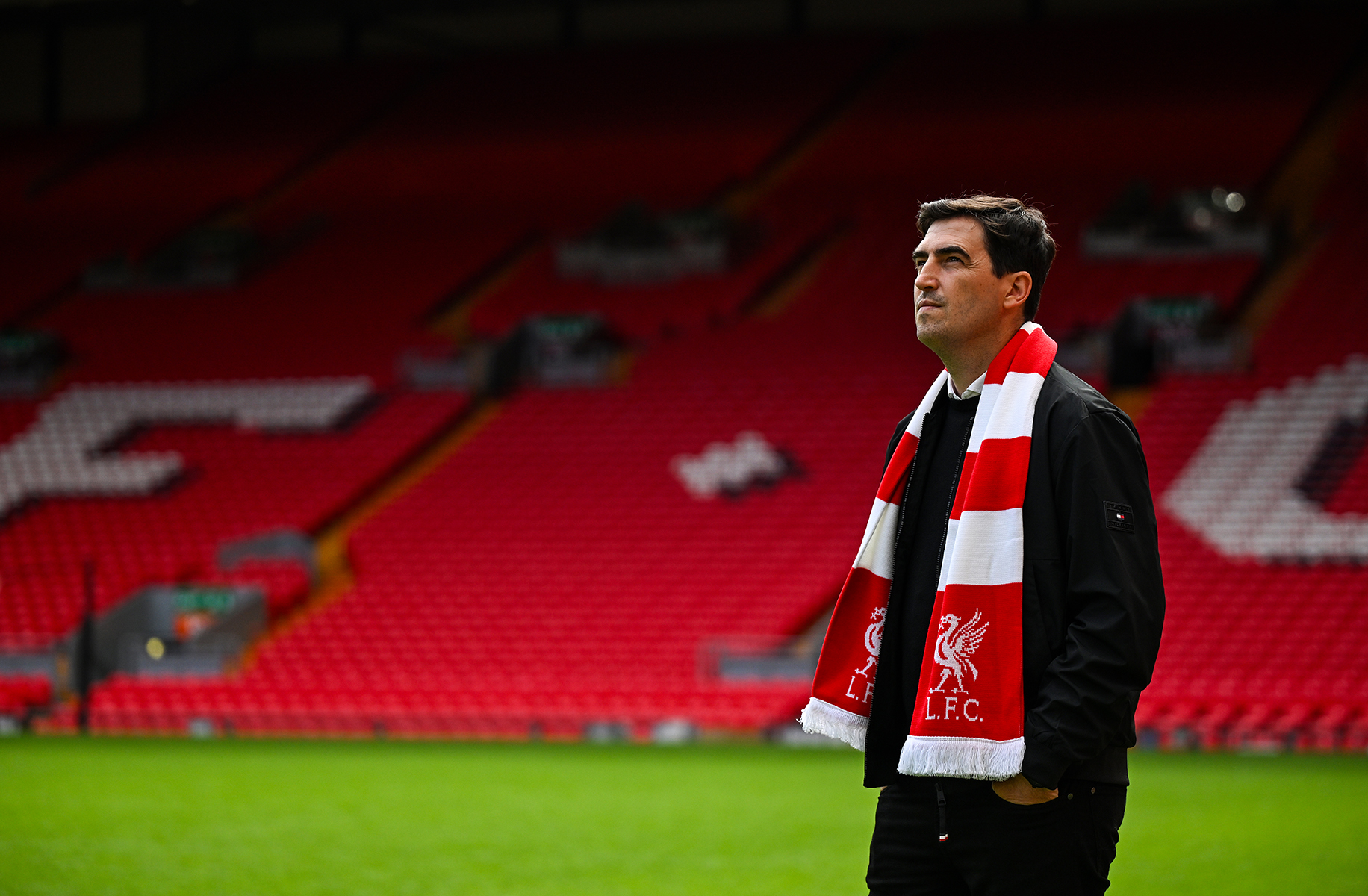 Andoni Iraola, the newly appointed Liverpool manager, pictured at Anfield on June 4, 2026, in Liverpool, England.