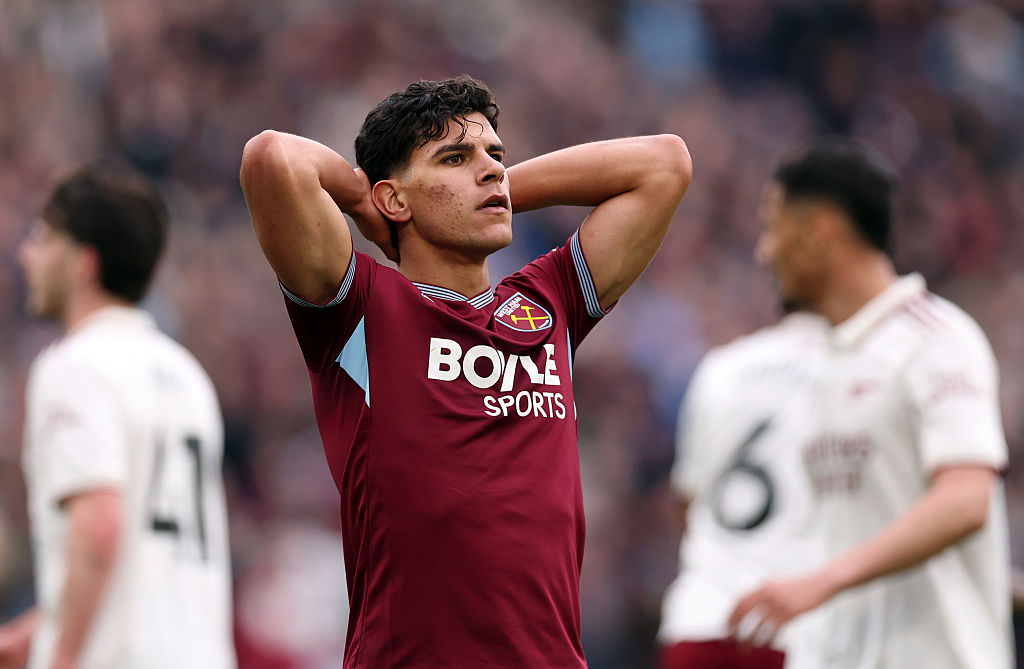 Mateus Fernandes of West Ham United reacts after missing a chance during the Premier League match between West Ham United and Arsenal at London Stadium on May 10, 2026 in London, England.
