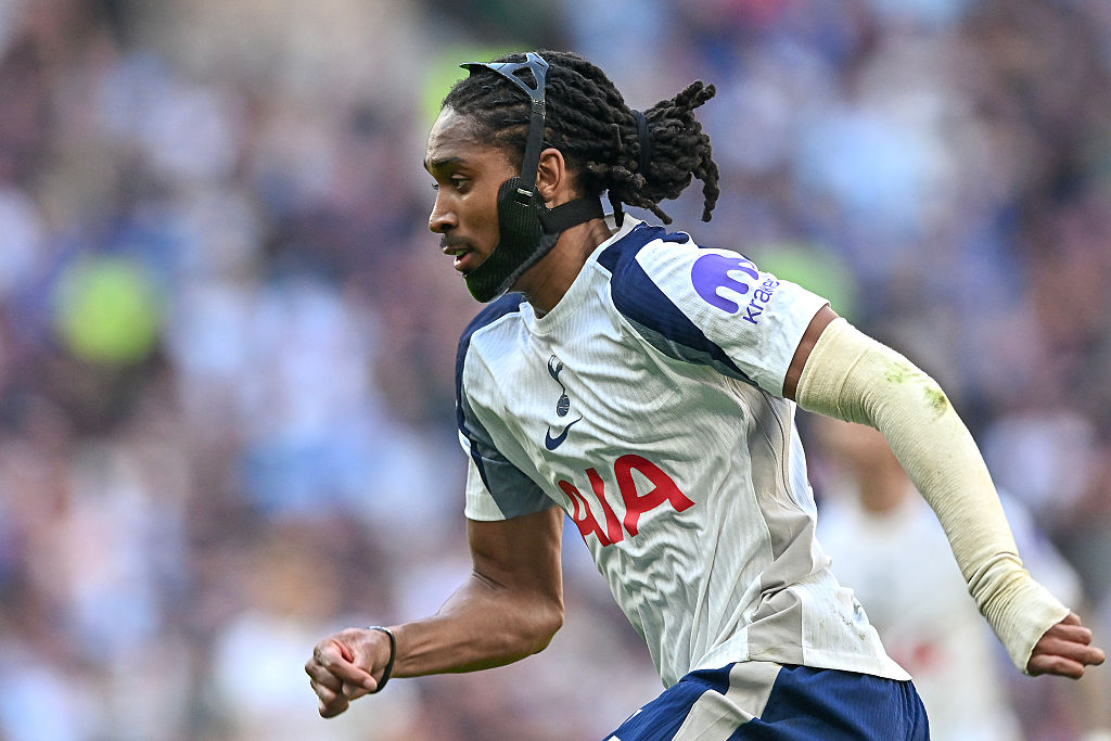 Djed Spence of Tottenham Hotspur during the Premier League match between Tottenham Hotspur and Everton at Tottenham Hotspur Stadium on May 24, 2026 in London, England.