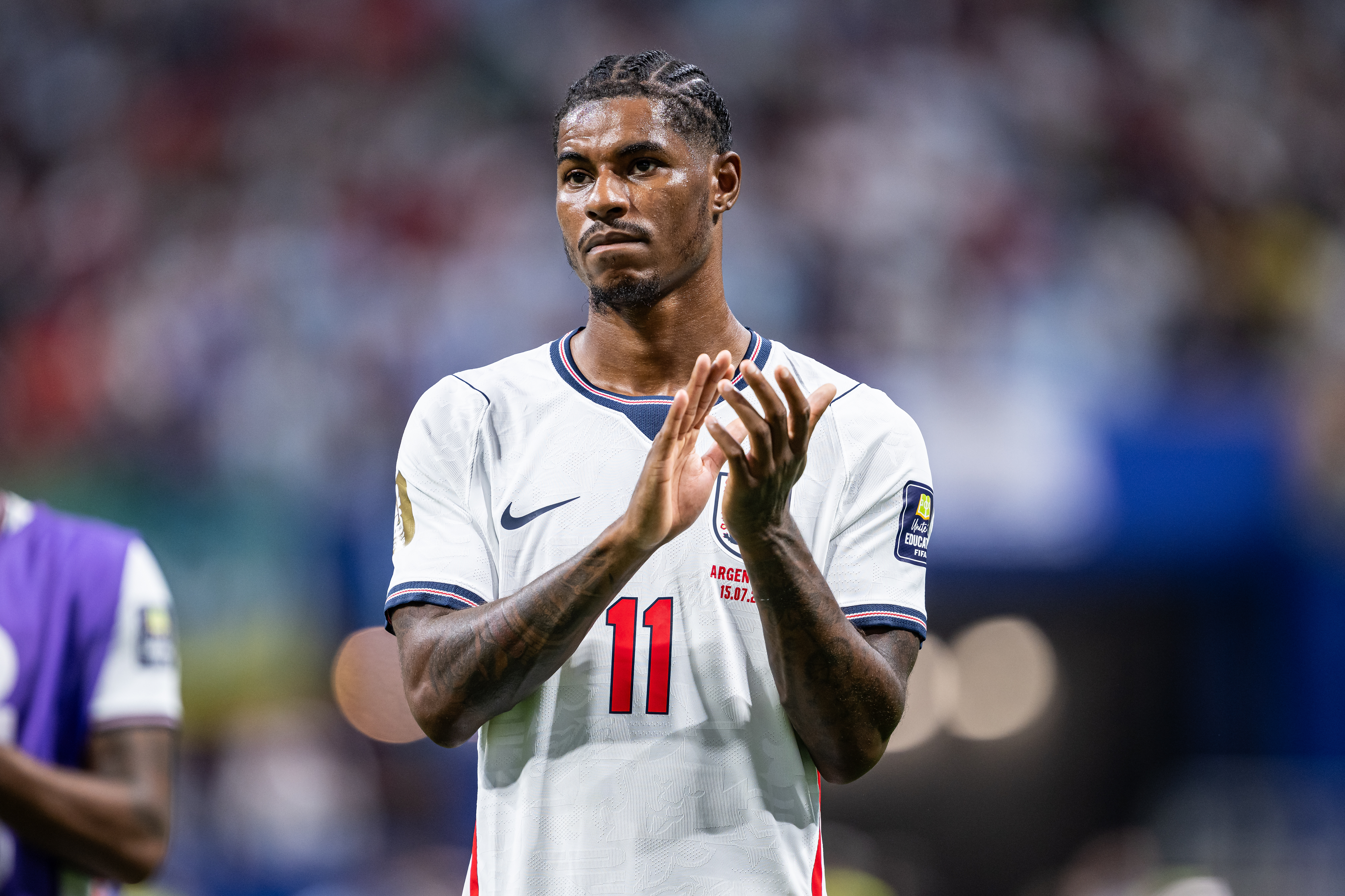 Marcus Rashford of England looks dejected after the World Cup 2026 Semi Final match between England and Argentina at Atlanta Stadium on July 15, 2026 in Atlanta, Georgia.