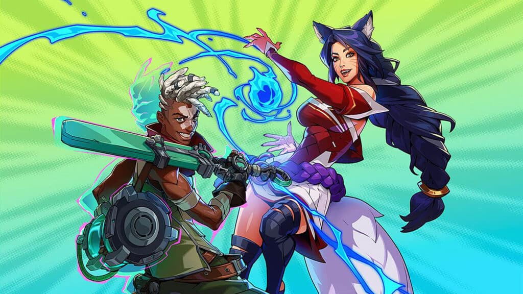 Image of 2XKO characters posing while holding weapon and casting blue spell on a green background