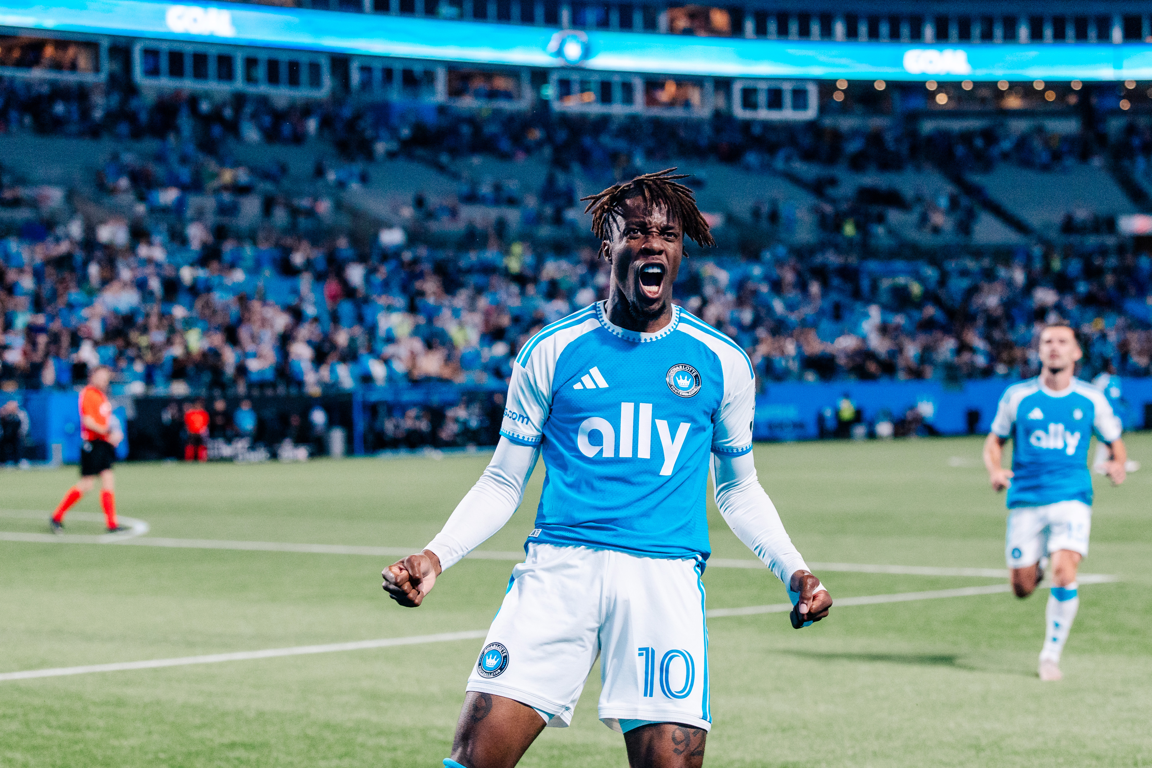 Wilfried Zaha #10 of Charlotte FC celebrates scoring his team's second goal. (Photo by Alana McCallion - Charlotte FC/MLS via Getty Images)