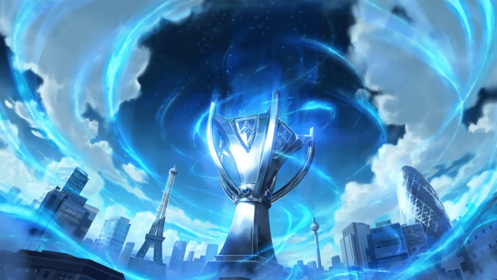 Official marketing imagery for the 2024 League of Legends World Championship, depicting the Summoner's Cup against a backdrop of landmarks from Paris, London, and Berlin.