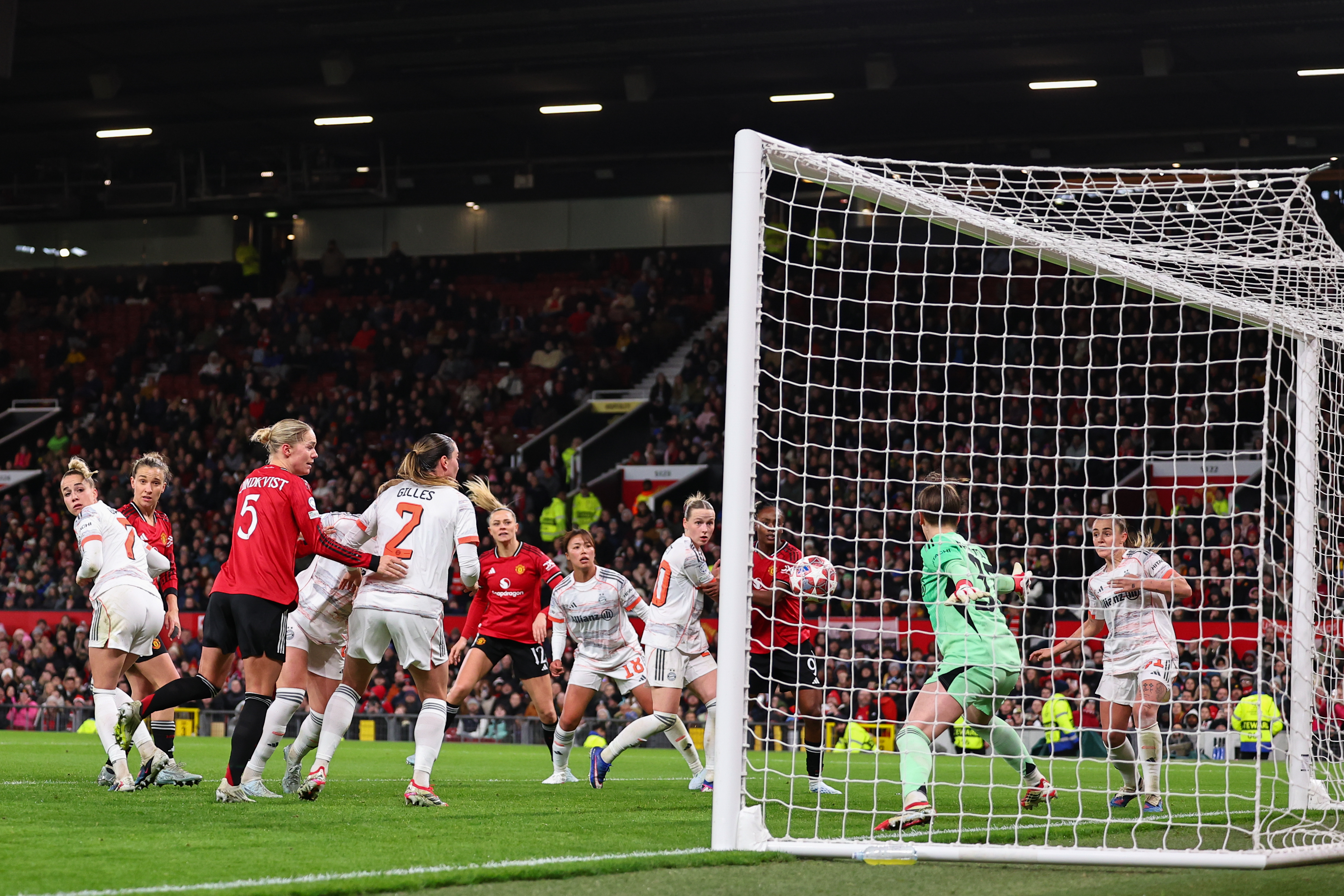 MANCHESTER, ENGLAND - MARCH 25: Hanna Lundkvist of Manchester United celebrates scoring to level the match 2-2 during the UEFA Women's Champions League 2025/26 Quarter-finals First Leg clash against FC Bayern Munchen at Old Trafford on March 25, 2026.